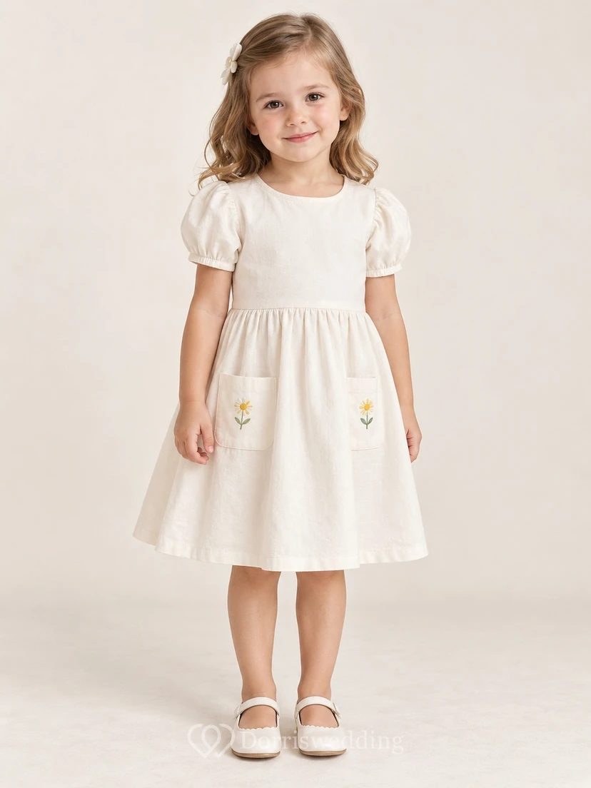 Modest Ivory Knee Length Yellow Daisy Embroidered Patch Pocket Puff Sleeve Flower Girl Dress view 2