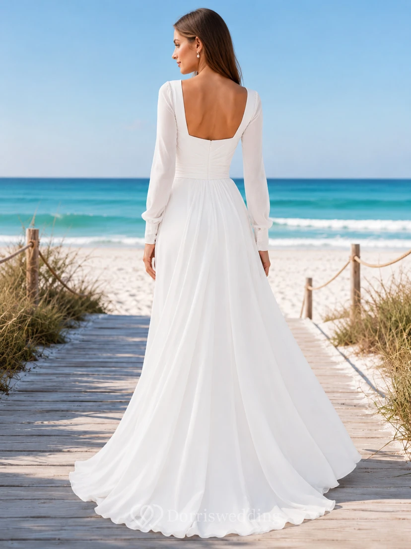 Modern Square Neck Long Sleeve Ruched Split Chiffon Sweep Beach Wedding Dress view 2