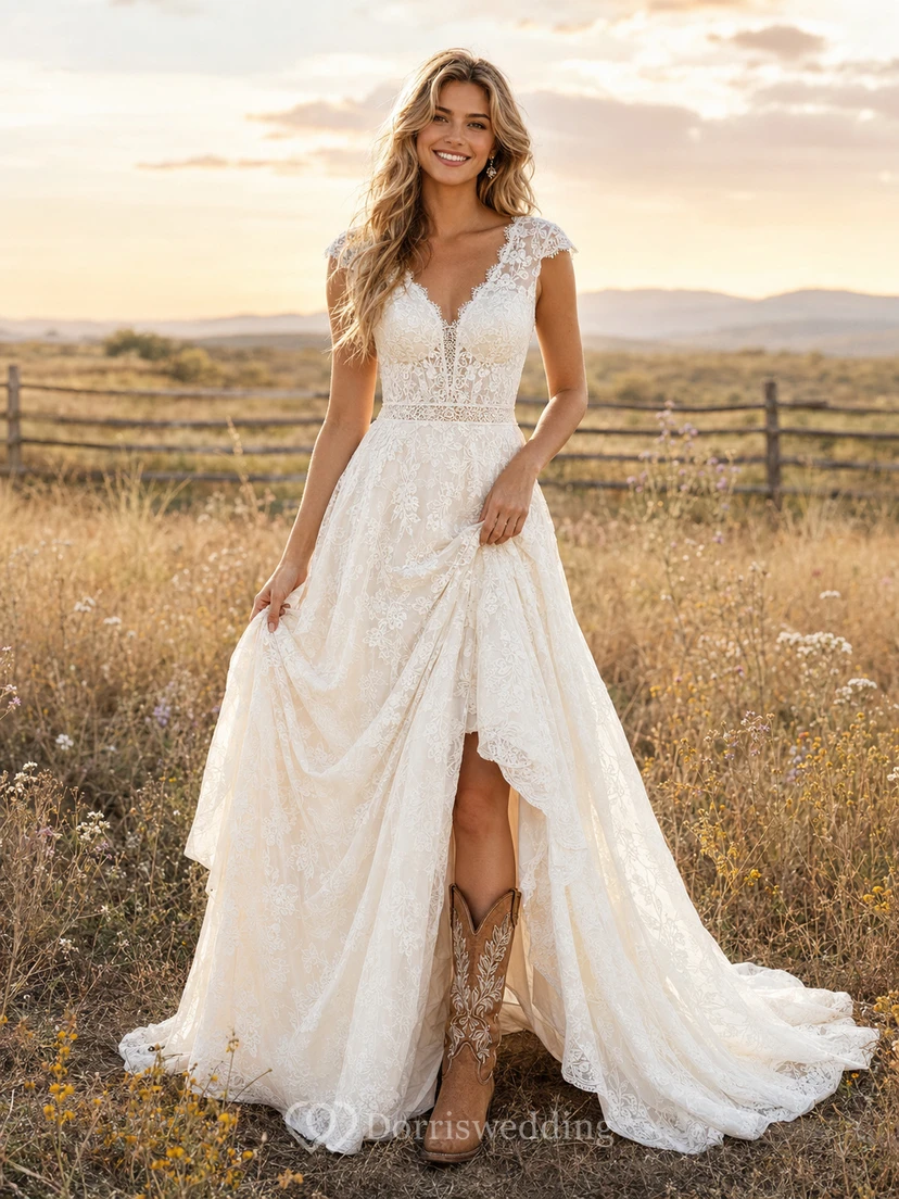 Robe de mariée de maternité, col carré, manches longues en dentelle, coupe trapèze, traîne souple