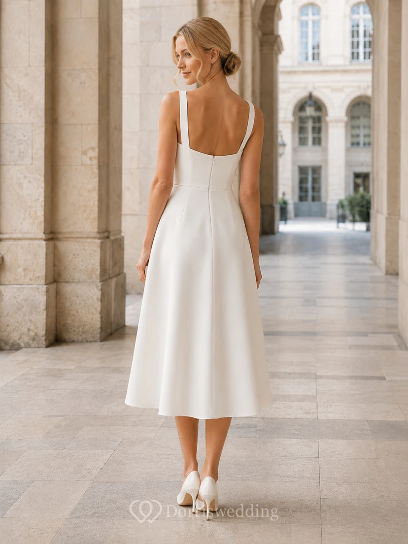 Robe de mariée civile simple en satin, coupe trapèze, longueur thé, col carré et bretelles larges, idéale pour une cérémonie à la mairie view 2