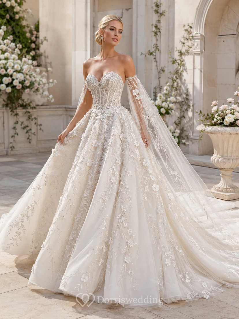 Natürliches, ärmelloses Ballkleid aus Tüll, herzförmiger Silhouette, trägerlos, mit Kapellenschleppe und floralen Applikationen – ein perfektes Brautkleid für Hochzeiten im Gartenstil