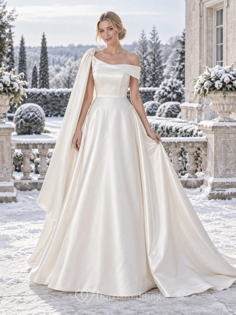 Simple Winter Off Shoulder Asymmetric Satin Cape Full A-line Wedding Dress