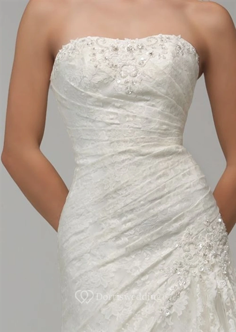 A-Line Appliqued Sleeveless Strapless Maxi Lace Wedding Dress With Side Draping And Beading view 3