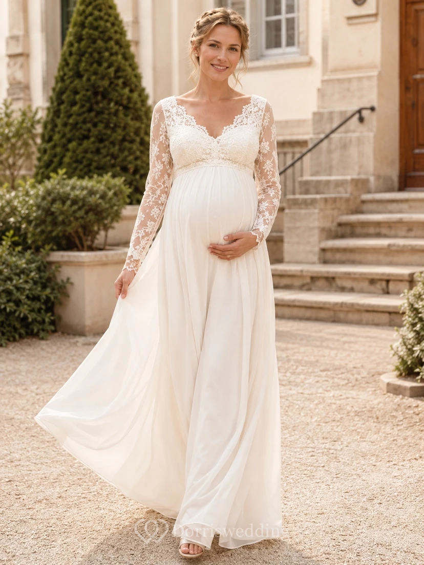 Vestido de novia de maternidad para ceremonia civil, de encaje y gasa, con escote en V, manga corta, corte imperio y cola larga.