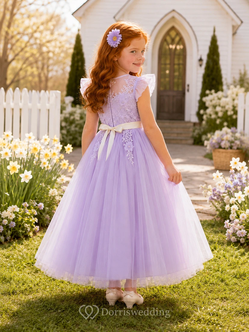 Adorable Elegant Flower Girl Dress Jewel Neck Petal Sleeve Lavender Tulle Floor Length Ribbon view 2