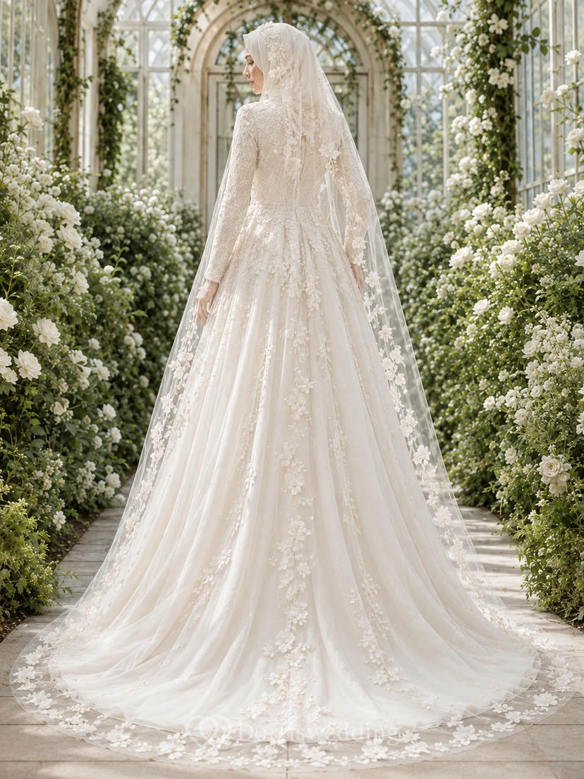 Vestido de novia musulmán modesto con velo floral y encaje botánico view 2