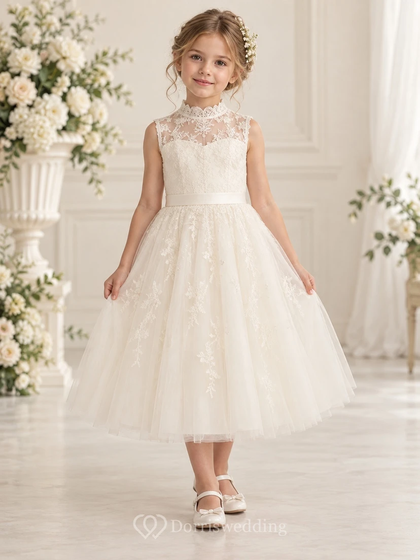 Vestido de niña de flores sin mangas, de corte A, con cuello alto y estampado floral en color marfil, hasta la rodilla.