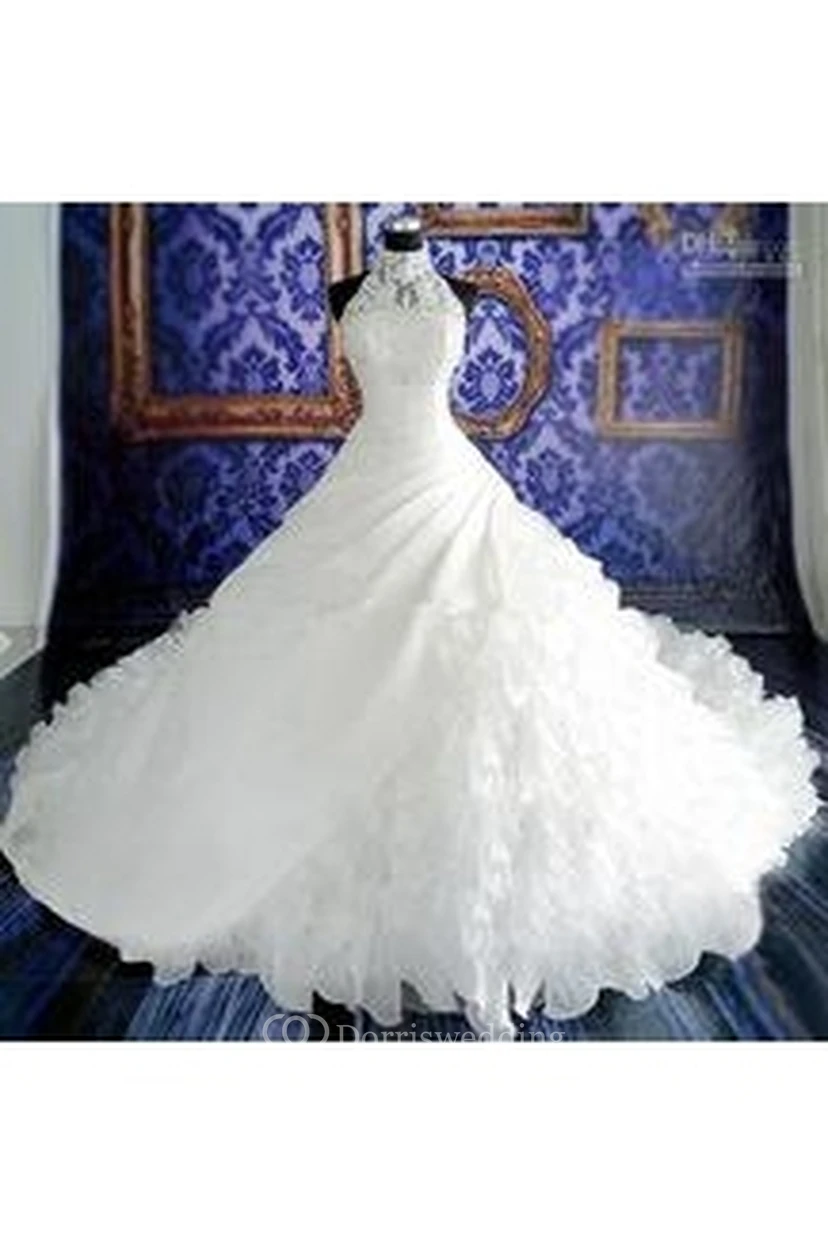 Gorgeous Ruffles Lace High Neck Wedding Dress Court Train Zipper view 7