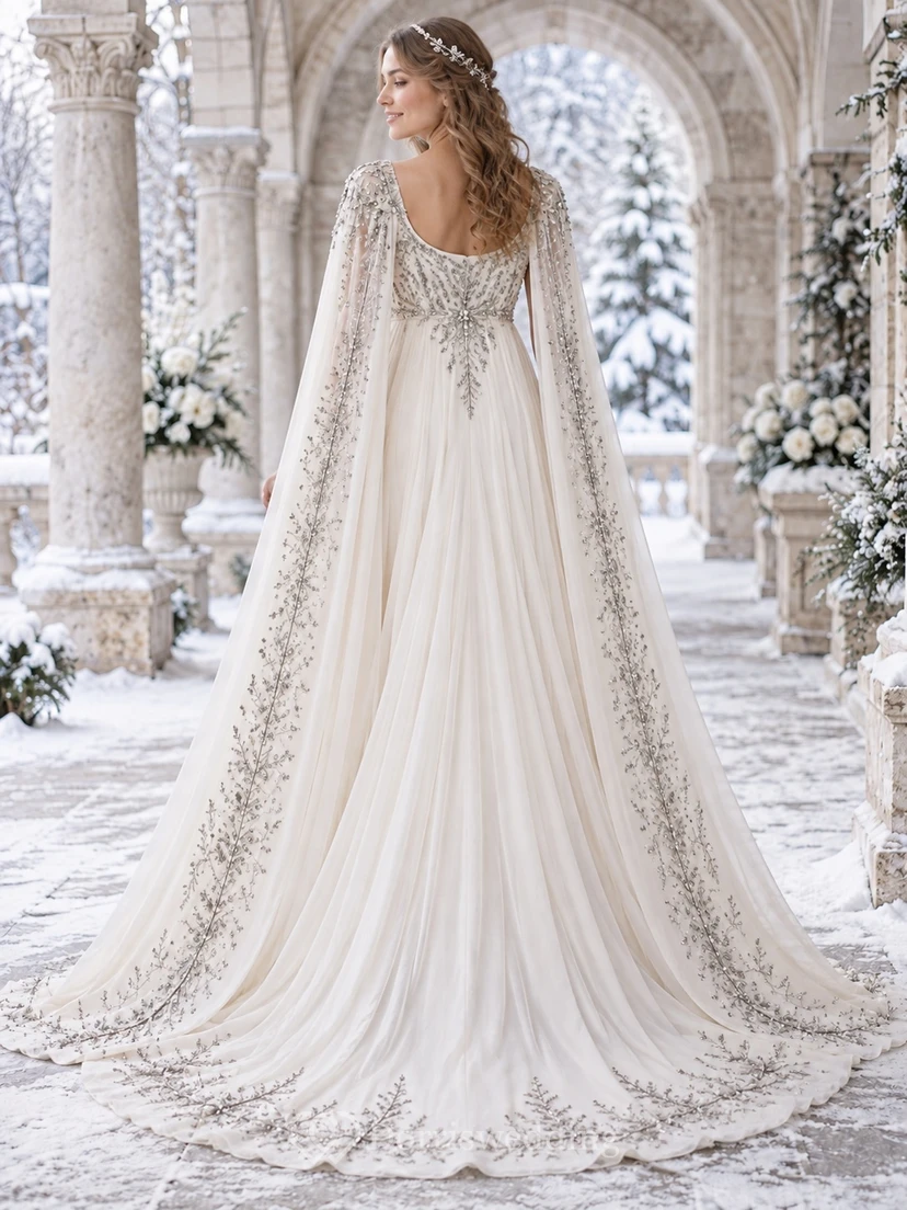 Vestido de novia de invierno con escote redondo, capa plateada bordada con motivos botánicos y caída fluida, corte en A. view 2