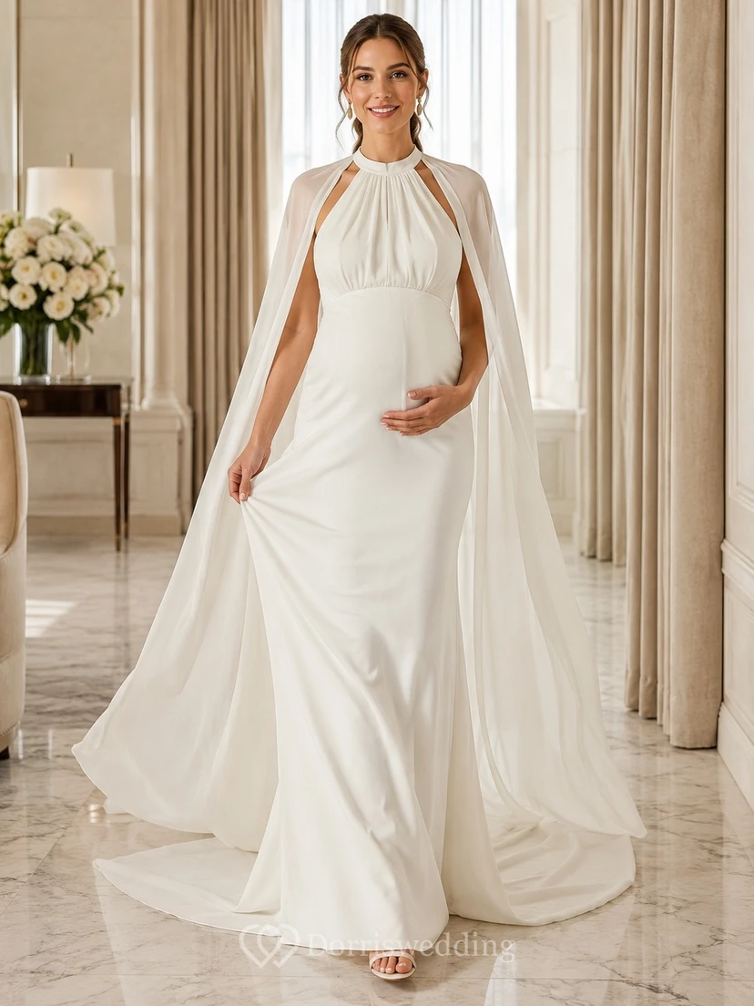 Vestido de novia sencillo de corte imperio con cuello alto y capa, estilo corte A, para bodas civiles, estilo juzgado.