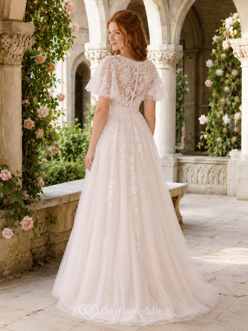 A-Linien-Brautkleid mit V-Ausschnitt, flatternden Ärmeln und Spitze für eine Hochzeit im Innenhof view 2