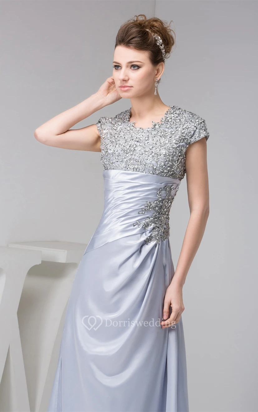 Caped-Sleeve Sheath Ruched Appliques and Dress With Jewels view 2