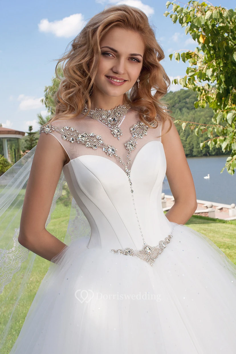 High Neck Maxi Beaded Tulle Wedding Dress With Court Train And Corset Back view 3