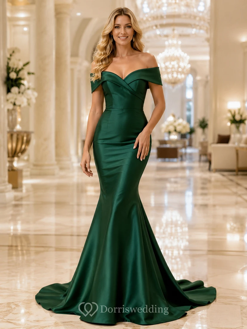 Emerald Off Shoulder Satin Mermaid Floor Length Formal Dress