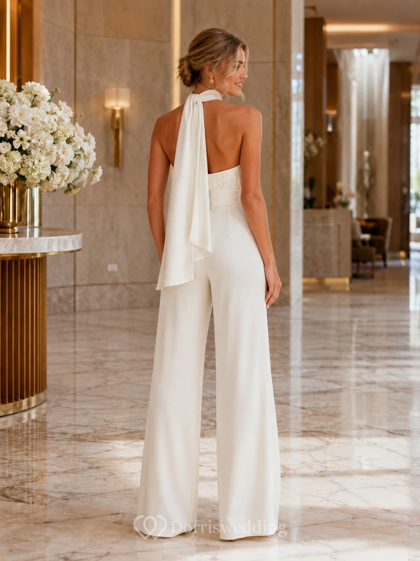 Elegant Second Look Halter High Neck Backless Wide Leg Wedding Jumpsuit view 2