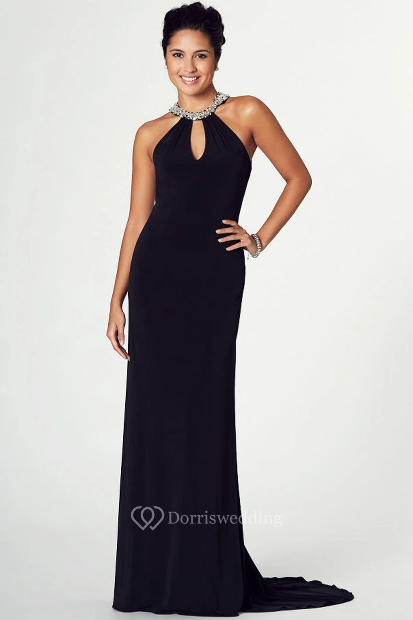 High Neck Sleeveless Beaded Chiffon Prom Dress With Brush Train