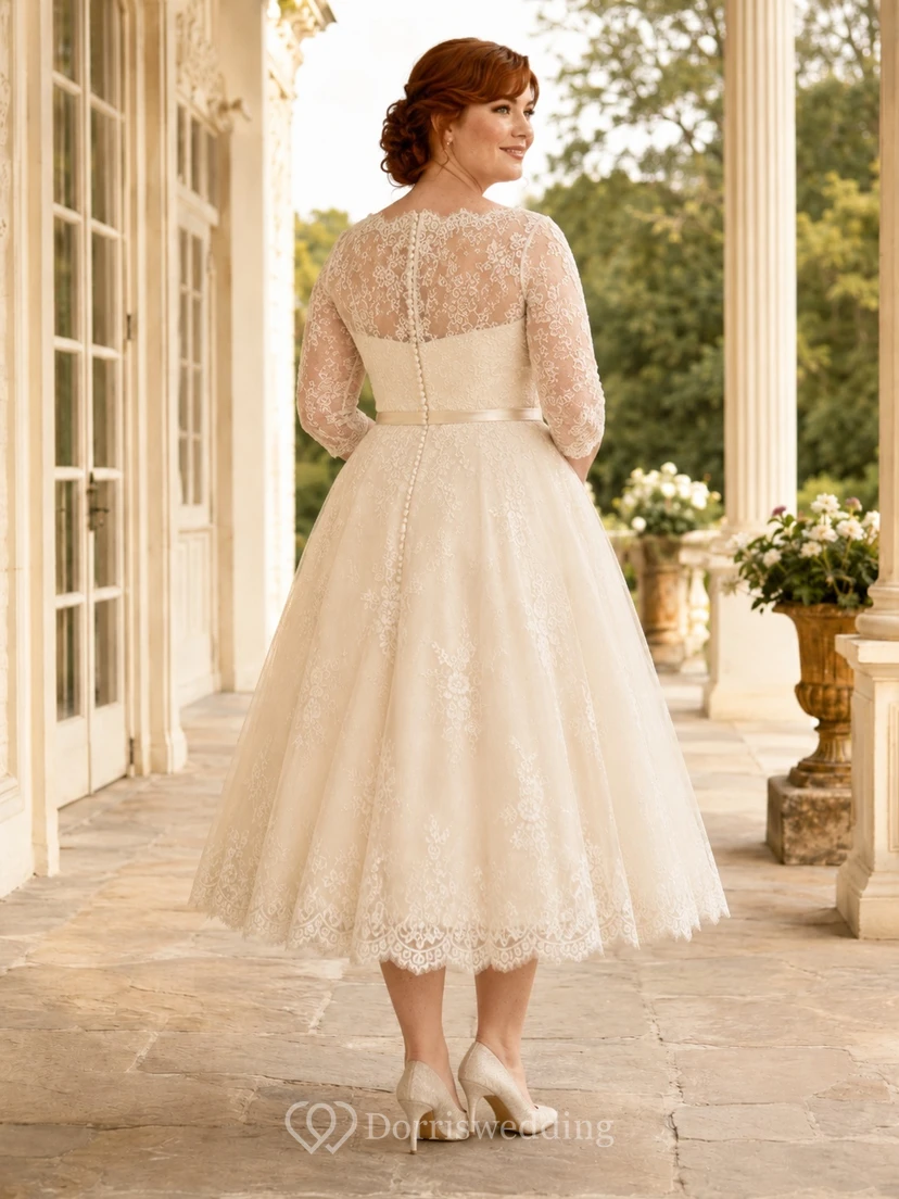 Klassisches Brautkleid in Übergröße im Vintage-Stil mit dezenter Spitze, Dreiviertelärmeln, A-Linie und Teelänge view 2