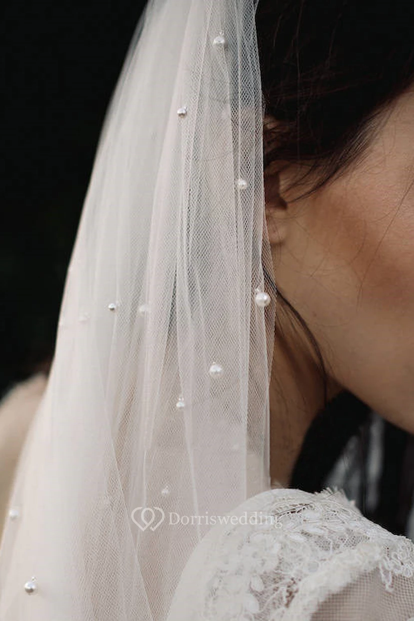 Vintage Pearl Tulle Long Wedding Veil view 3