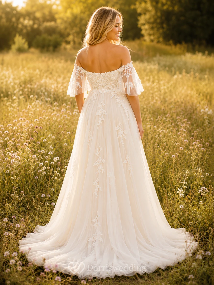 Maternity Wedding Dress Off-the-Shoulder Lace Sleeve A-Line Country Bridal Gown with Train view 2