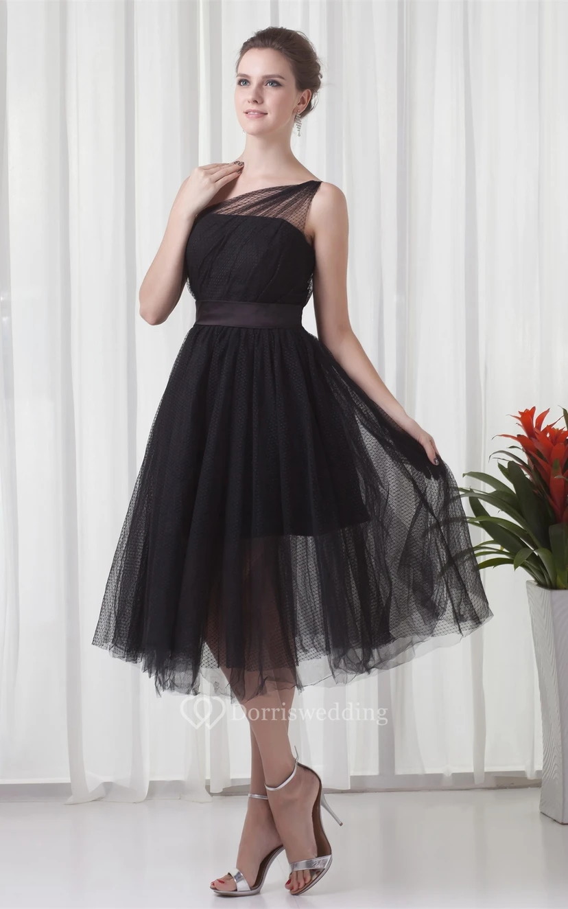 Robe trapèze asymétrique en tulle, longueur thé, avec fronces view 2