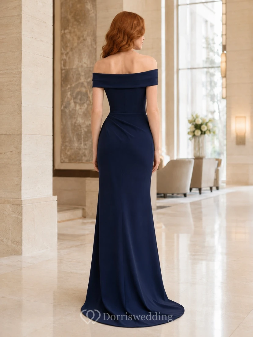 Navy Jersey Off-the-shoulder Short Sleeve Sheath Floor-length Sweep Elegant Reception Guest Gown view 2