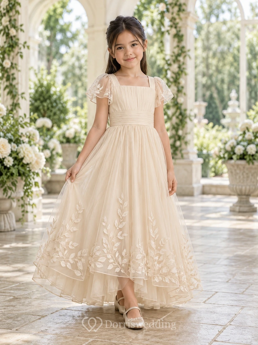Square-Neck Champagne Floral A-line Tulle Lace-sleeve Ankle-length Bordered Flower Girl Dress