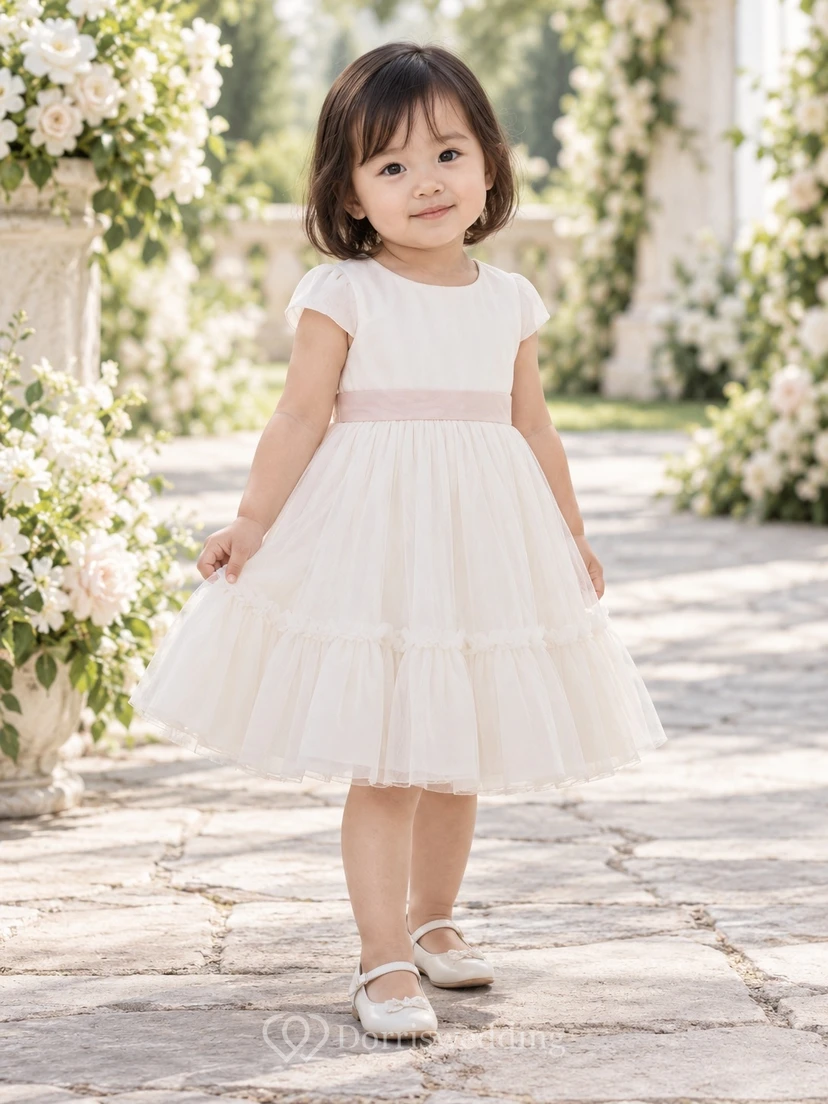 Modest Ivory Knee Length Pink Waist Cap Sleeve Flared Ruffle Tulle Flower Girl Dress
