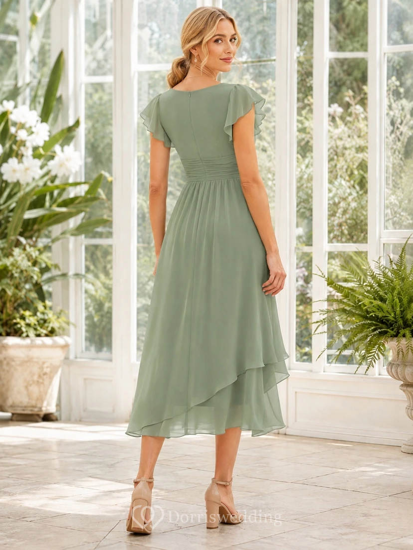 Sage Short Sleeve Chiffon V-Neck A-Line Asymmetrical Midi New Arrival Dress view 2