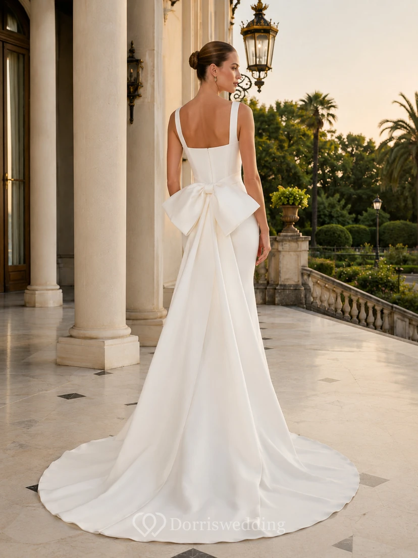 Robe de mariée moderne sirène en satin à col carré et traîne courte, ornée d'un nœud surdimensionné. view 2