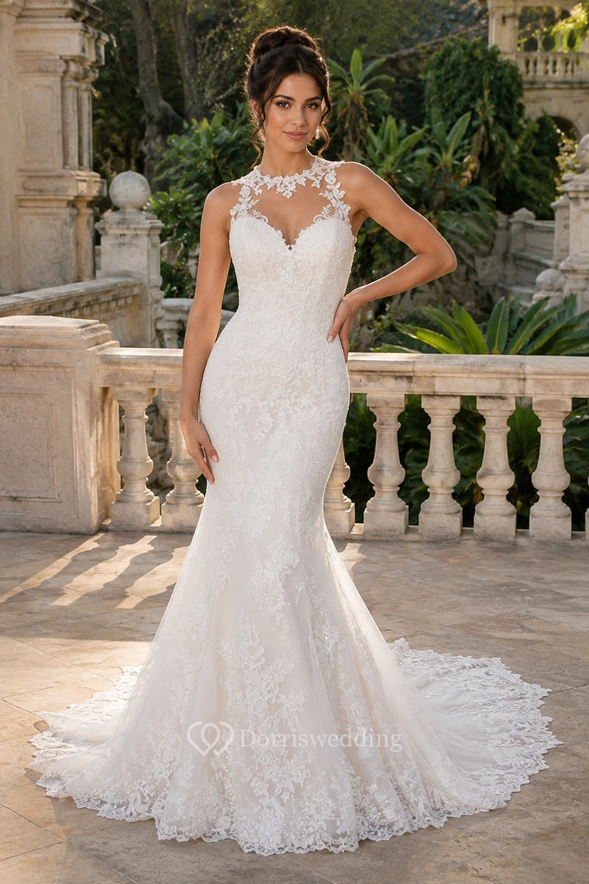 Robe de mariée sirène en dentelle avec col montant, dos nu et traîne