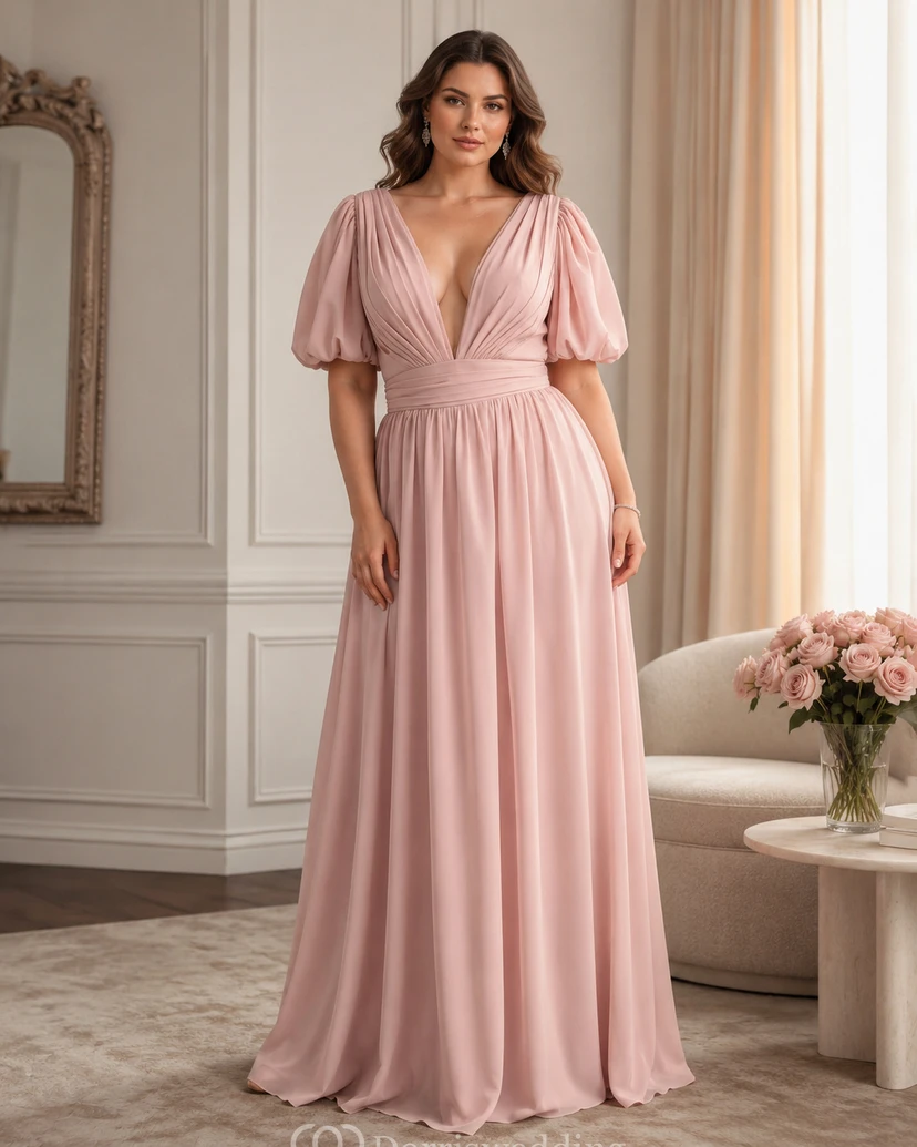 Vestido de dama de honor de gasa plisada de manga larga con escote pronunciado y falda abullonada, color rosa empolvado. view 3
