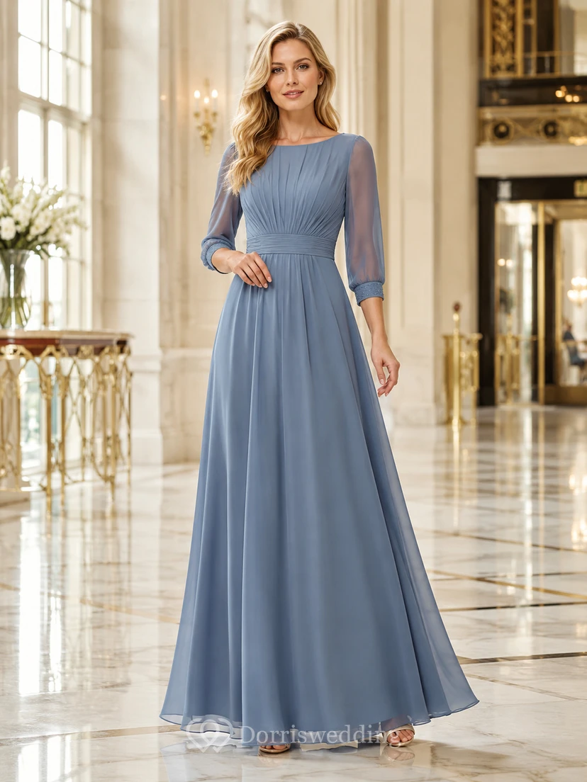 Dusty Composure Stahlblaues, bodenlanges A-Linien-Kleid aus Chiffon mit U-Boot-Ausschnitt und Dreiviertelärmeln – ein schlichtes, elegantes Abendkleid