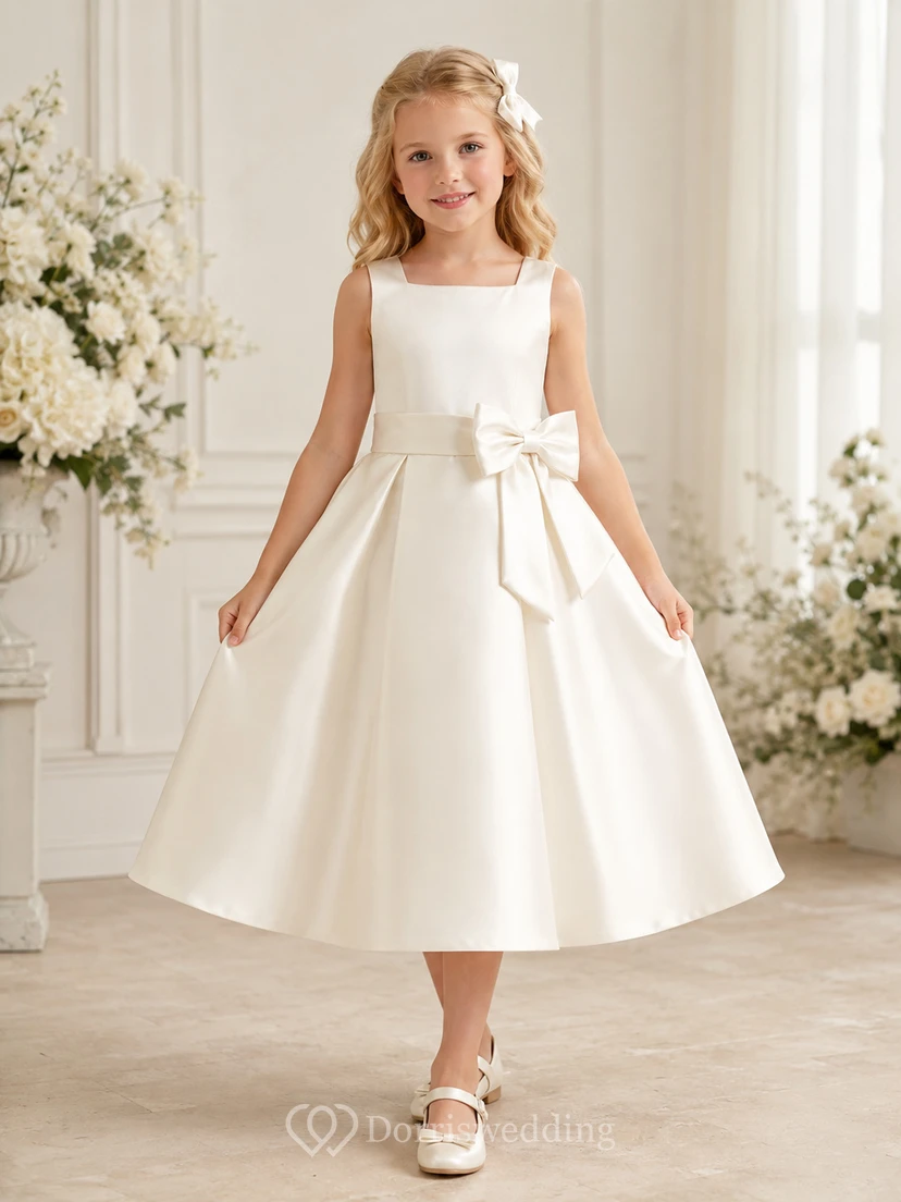 Robe de demoiselle d'honneur élégante en satin champagne, col carré, sans manches, nœud sur le devant, longueur thé, coupe trapèze, en satin, col rond, sans manches, longueur thé.
