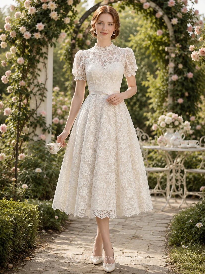 Robe de mariée vintage en dentelle à col montant et coupe trapèze, longueur thé