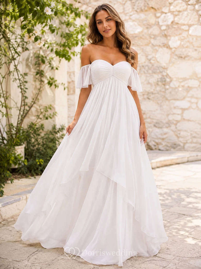 Bohemian Chiffon Off-the-Shoulder A-Line Sweep-Train Bridal Wedding Dress