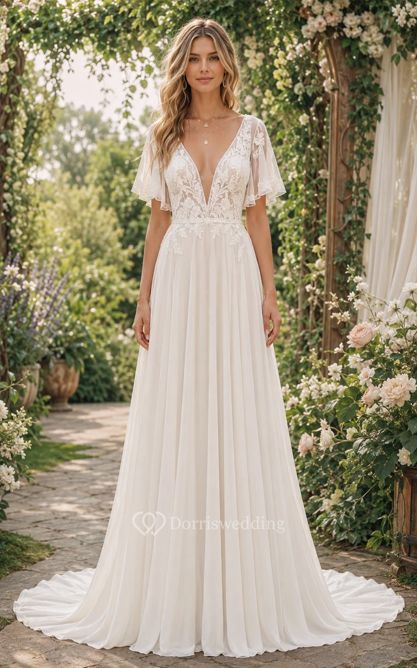 Robe de mariée simple en dentelle et mousseline, coupe trapèze, manches courtes, col en V, traîne, couleur ivoire.