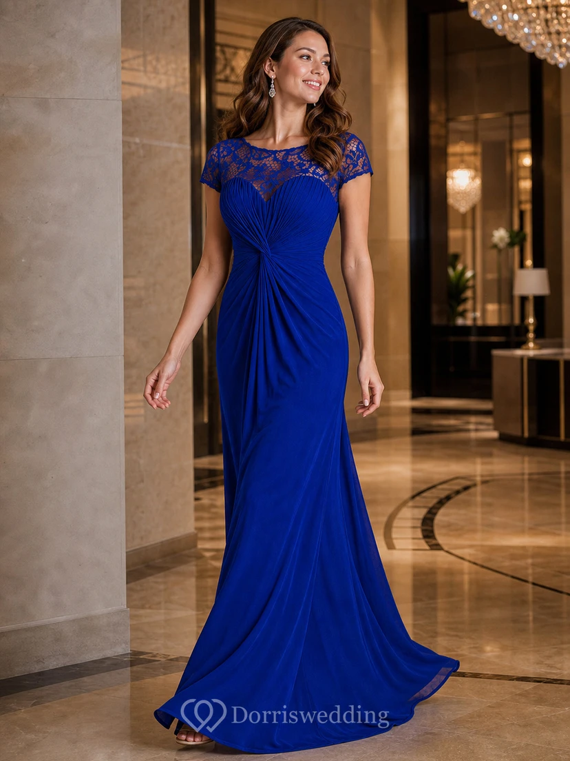 Robe longue à manches courtes froncée pour la mère de la mariée, avec encolure en dentelle illusion view 10
