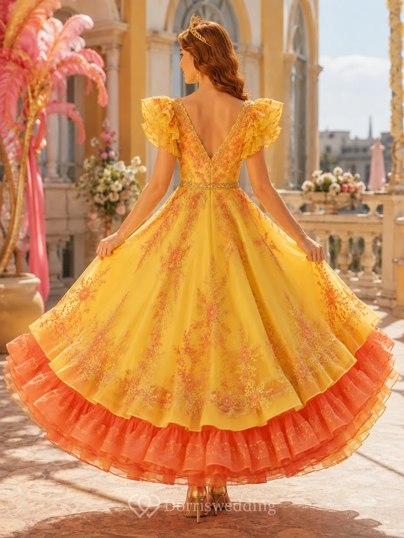 Leuchtend orangefarbenes Karnevals-Prinzessinnen-Teelängenkleid mit eckigem Ausschnitt und floralen Rüschen view 2