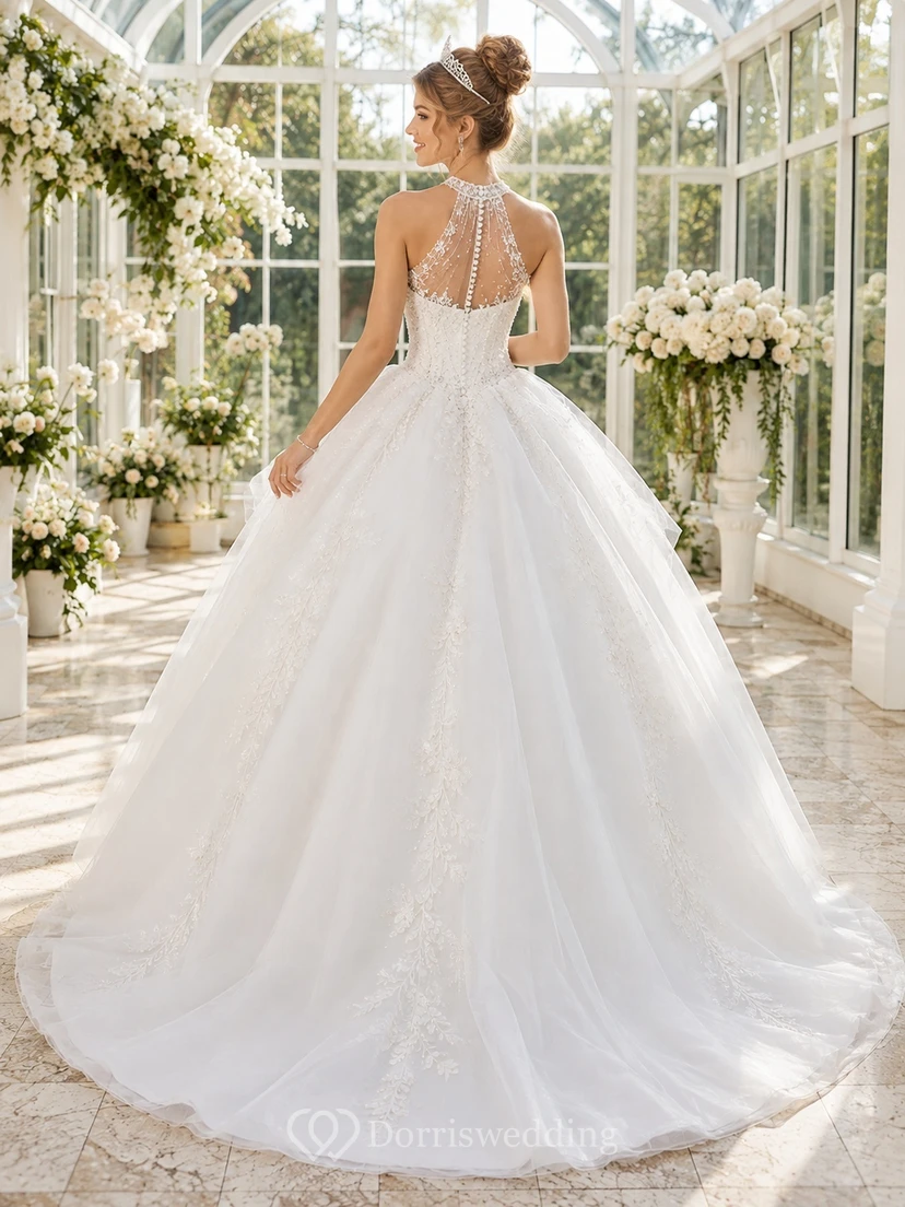 White Princess High Neck Halter Beaded Tulle High-Low Ball Gown Quinceanera Dress view 2