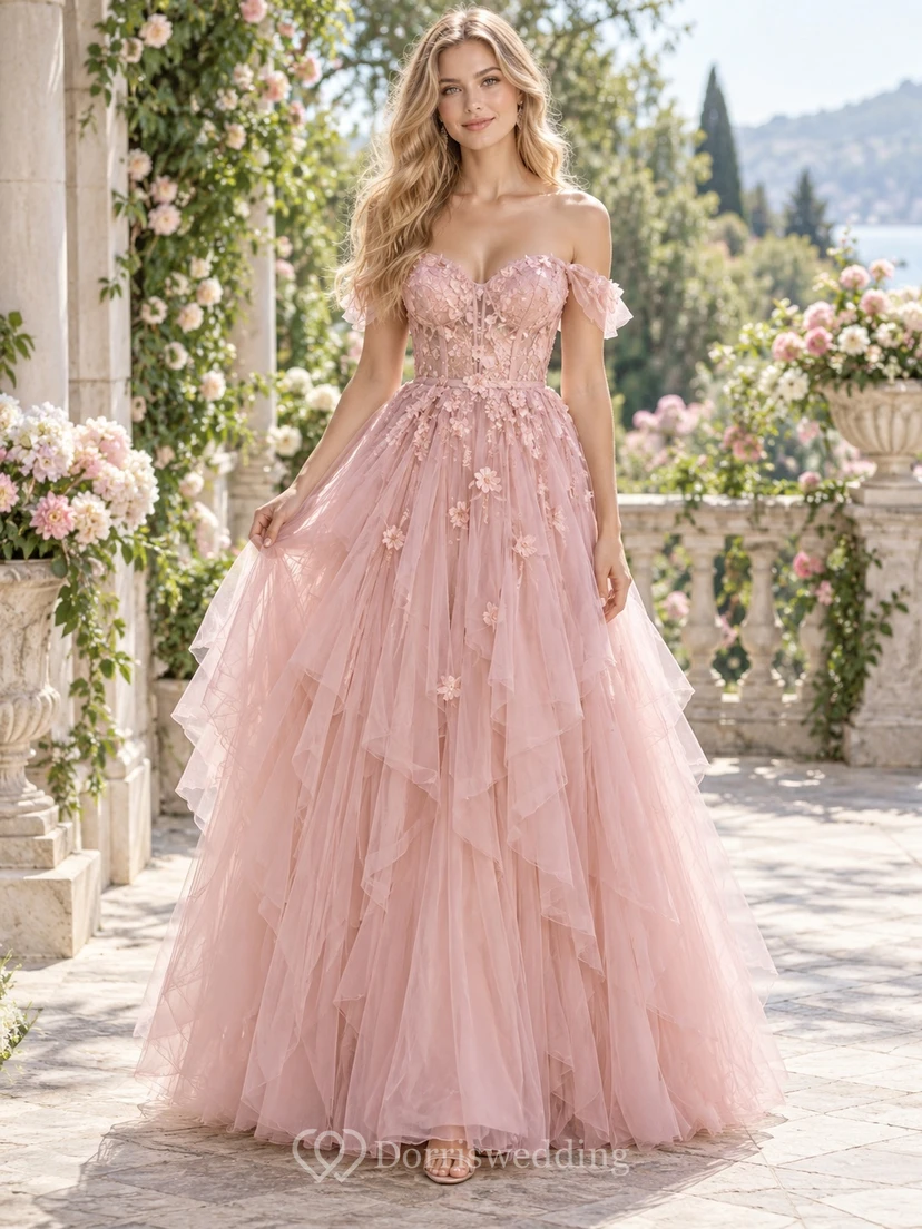 Fairy Dusty Rose Off Shoulder Floral Cascading Tulle Prom Dress