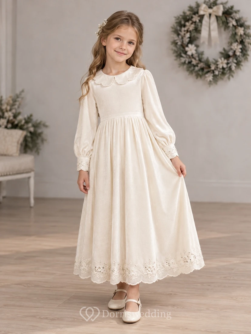 Ivory Velvet Long Bishop Sleeve Lace Hem Ankle Length Flower Girl Dress
