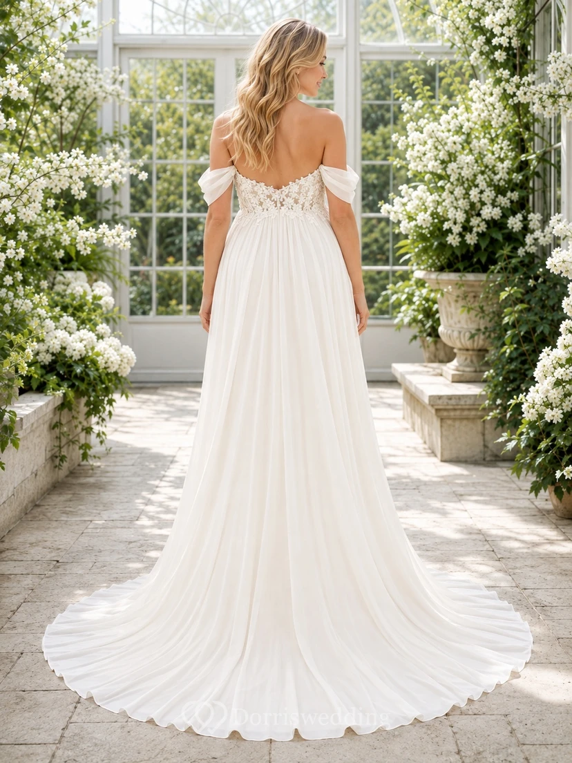 Maternity Off-Shoulder Floral Applique Empire A-Line Chapel Train Romantic Wedding Dress view 2