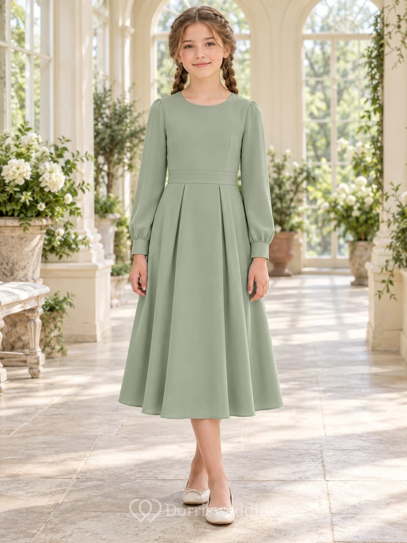 Long Sleeve Simple Modest Tea-length Sage Jewel Button-Cuff Pleated Crepe Sashed A-Line Flowergirl Dress