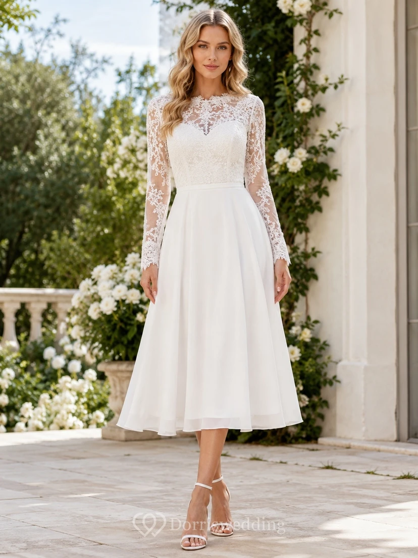 Teelanges, langärmeliges, hochgeschlossenes, dezentes elfenbeinfarbenes Spitzen-Gästekleid