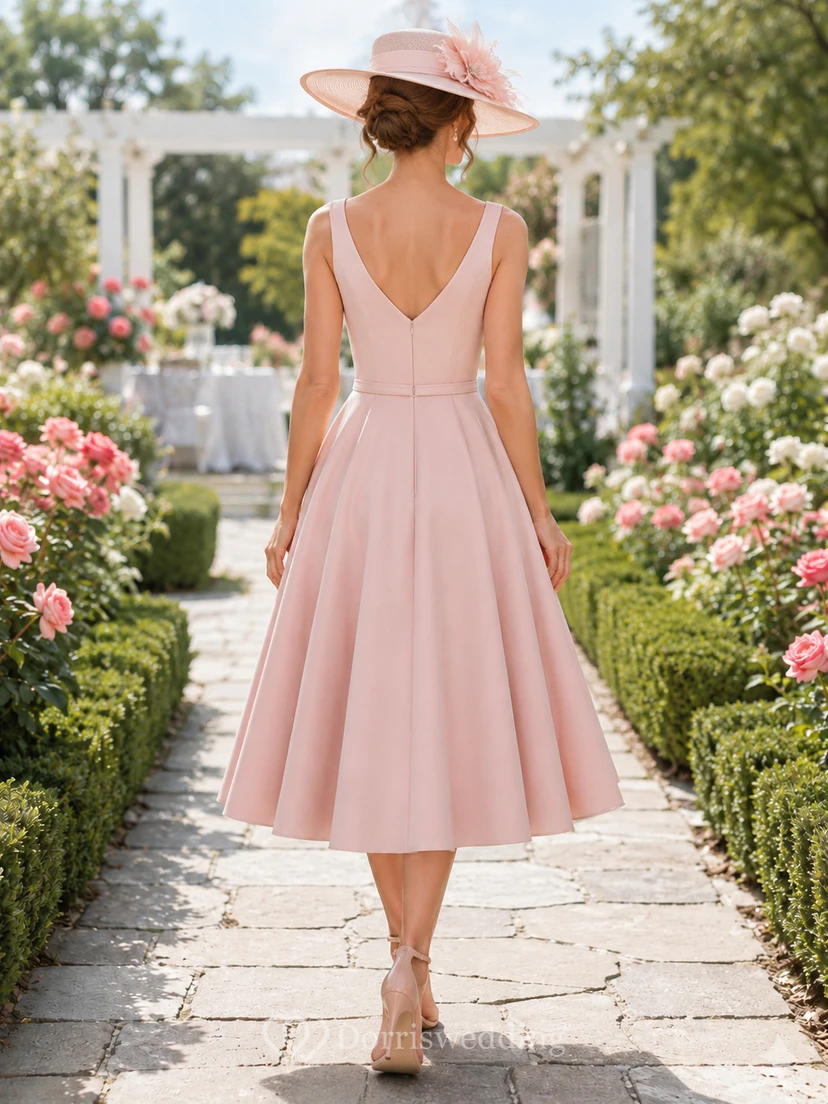 Blush Pink Square Neck Sash Derby Garden Midi Dress view 2