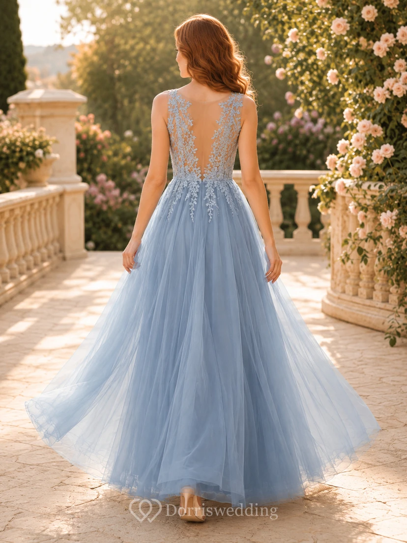 Sky Blue V-Neck Tulle Romantic A-Line Dress view 2