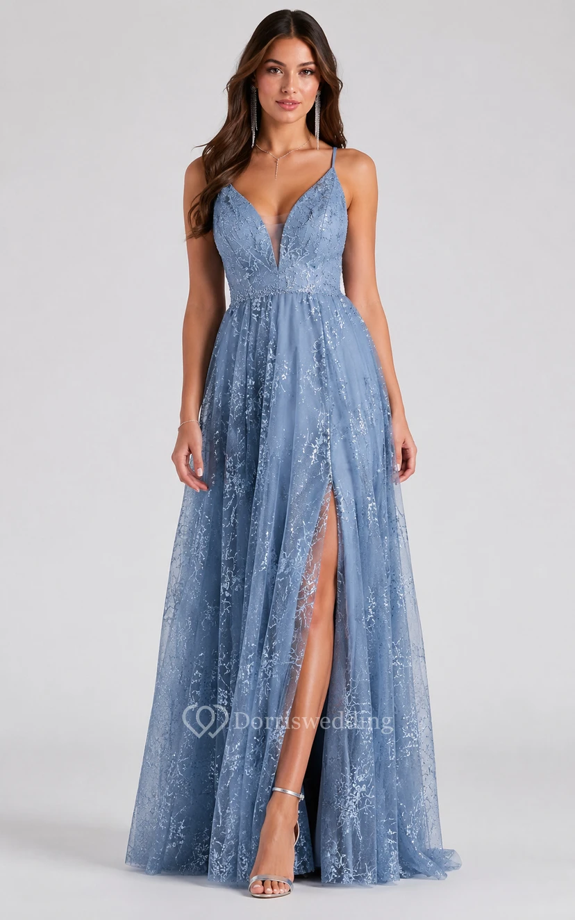 A-Line V-Neck Tulle Prom Dress with Lace