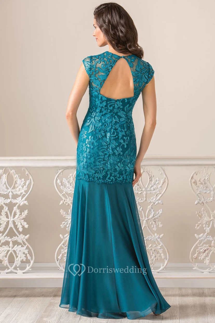 Cap-Sleeved V-Neck Long Mother Of The Bride Dress With Keyhole Back And Dropped Waistline view 2
