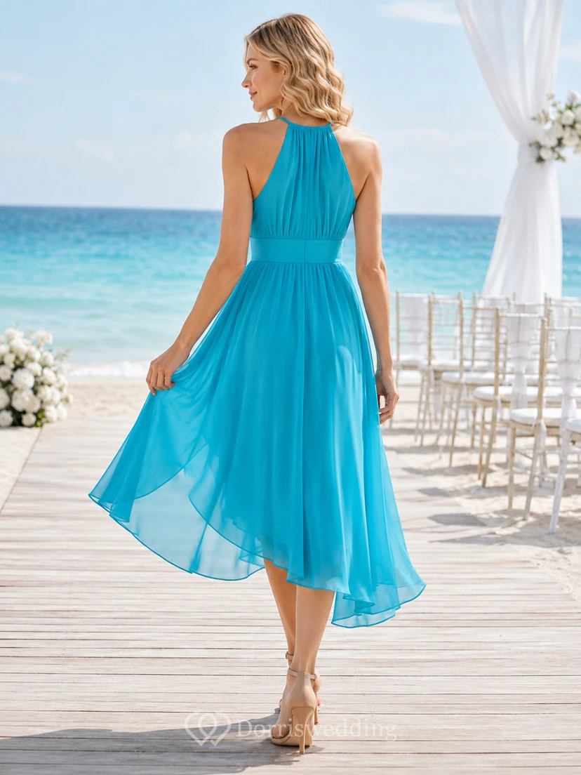 Turquoise High Halter Chiffon High Low Midi Guest Dress view 2