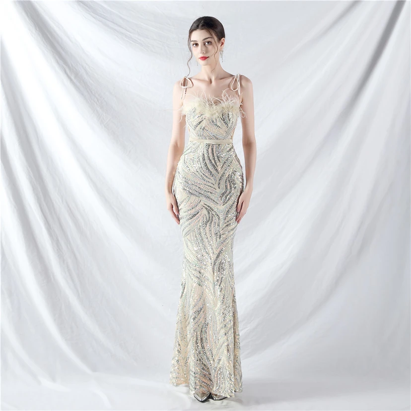 Double-Binding Rope-Binding Craft-Made Ostrich Feather Encrypted Laminated Beads High-End Evening Dress view 61